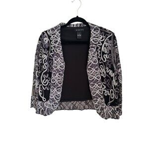 Womens Medium Black Silver Sheer Embroidered Open Front Jacket Shrug Wedding